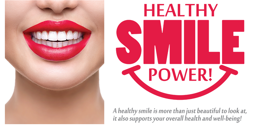 The image features a close-up of a person s smiling face with red lipstick, against a white background. There is also text present on the image.